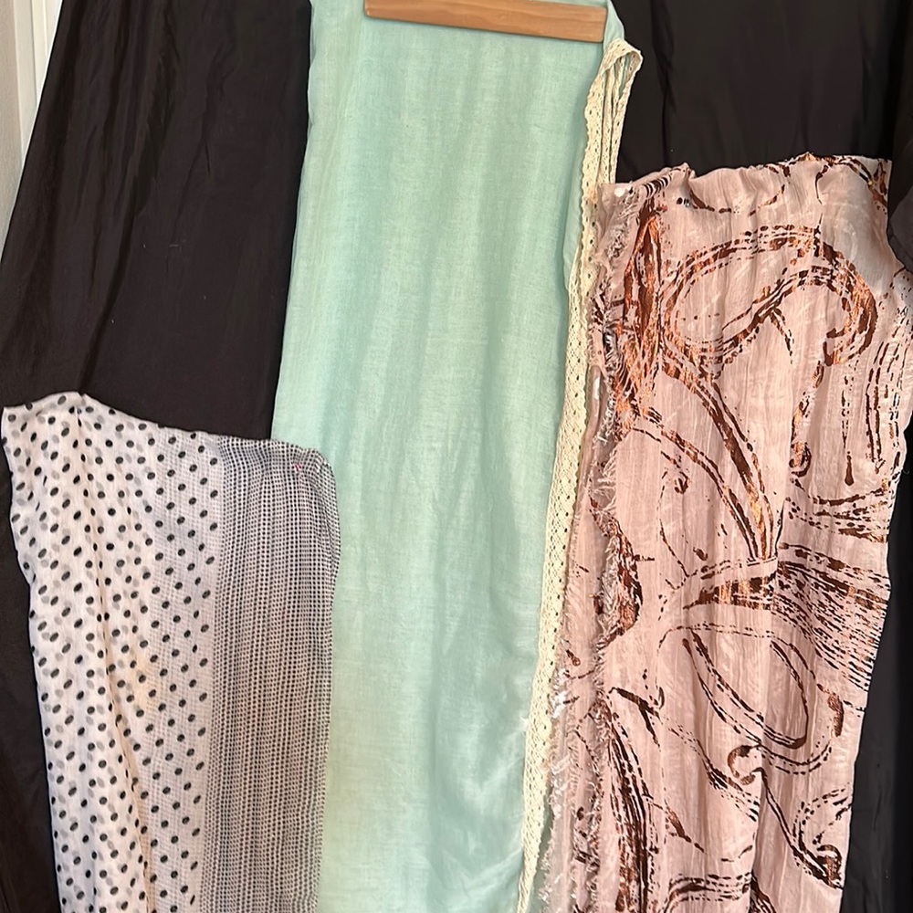 Light material 8 ft scarves metallic, lace trimmed, pok a dot lot.